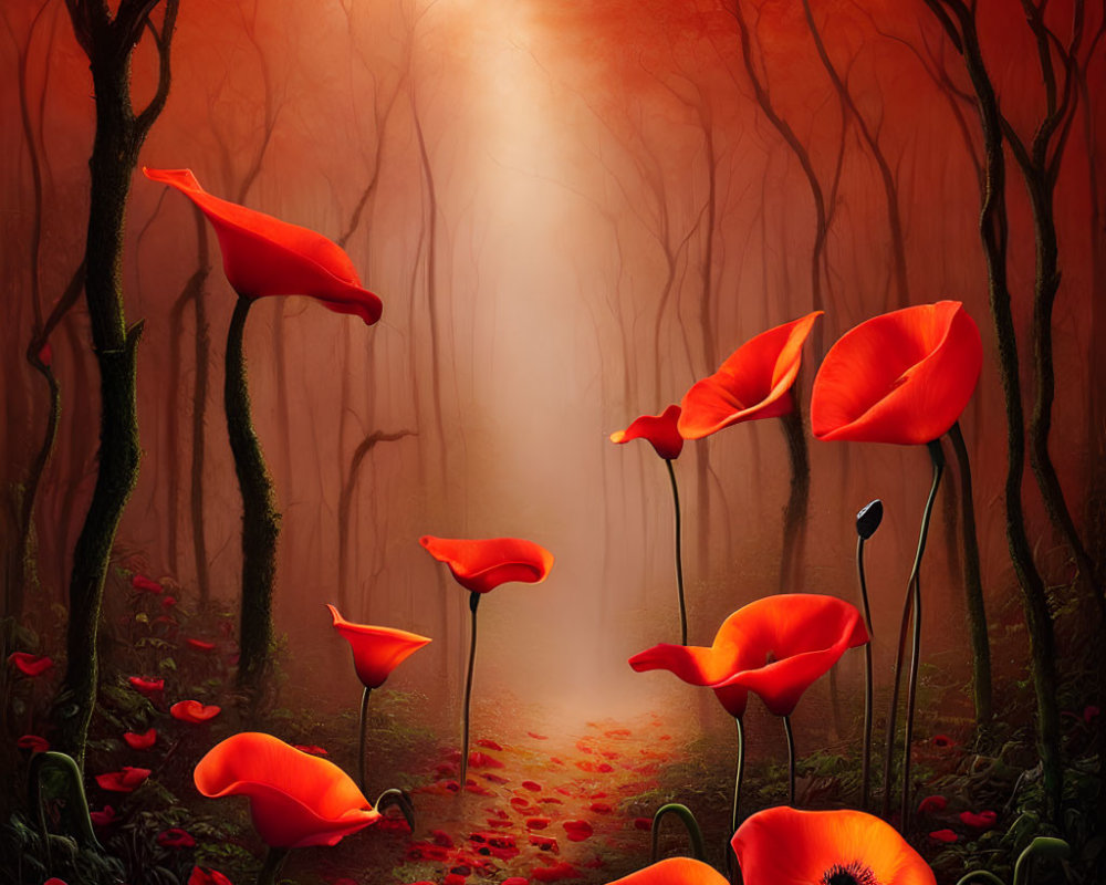 Sunbeam illuminates red poppies in mystical forest