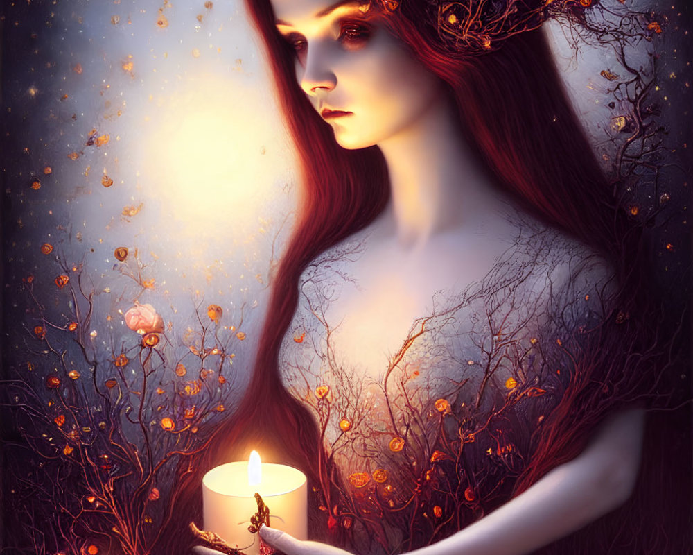 Red-haired woman with candle in mystical setting