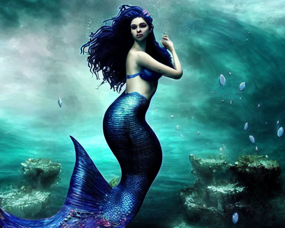 Vibrant blue-tailed mermaid in mystical underwater scene