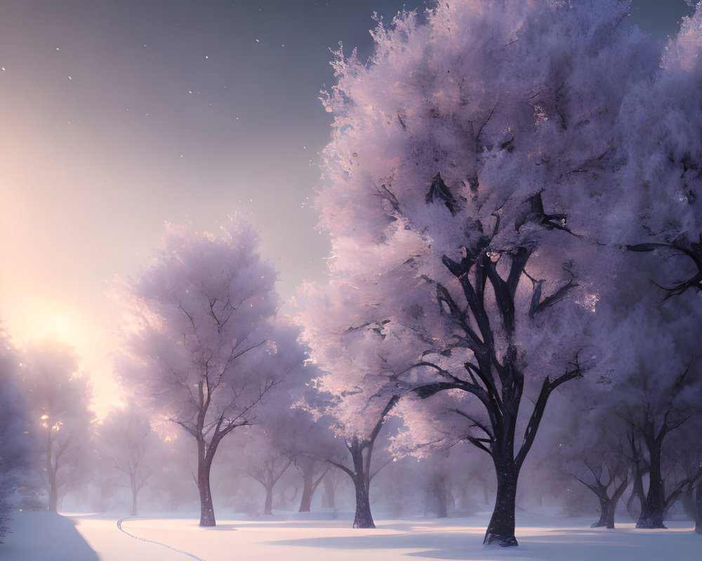 Snowy Dusk Landscape: Frost-Covered Trees & Tranquil Path