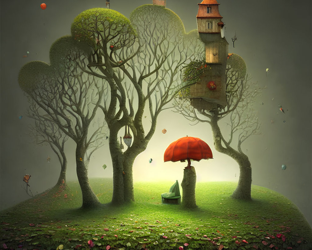 Fantastical forest scene with person under red mushroom and floating houses.