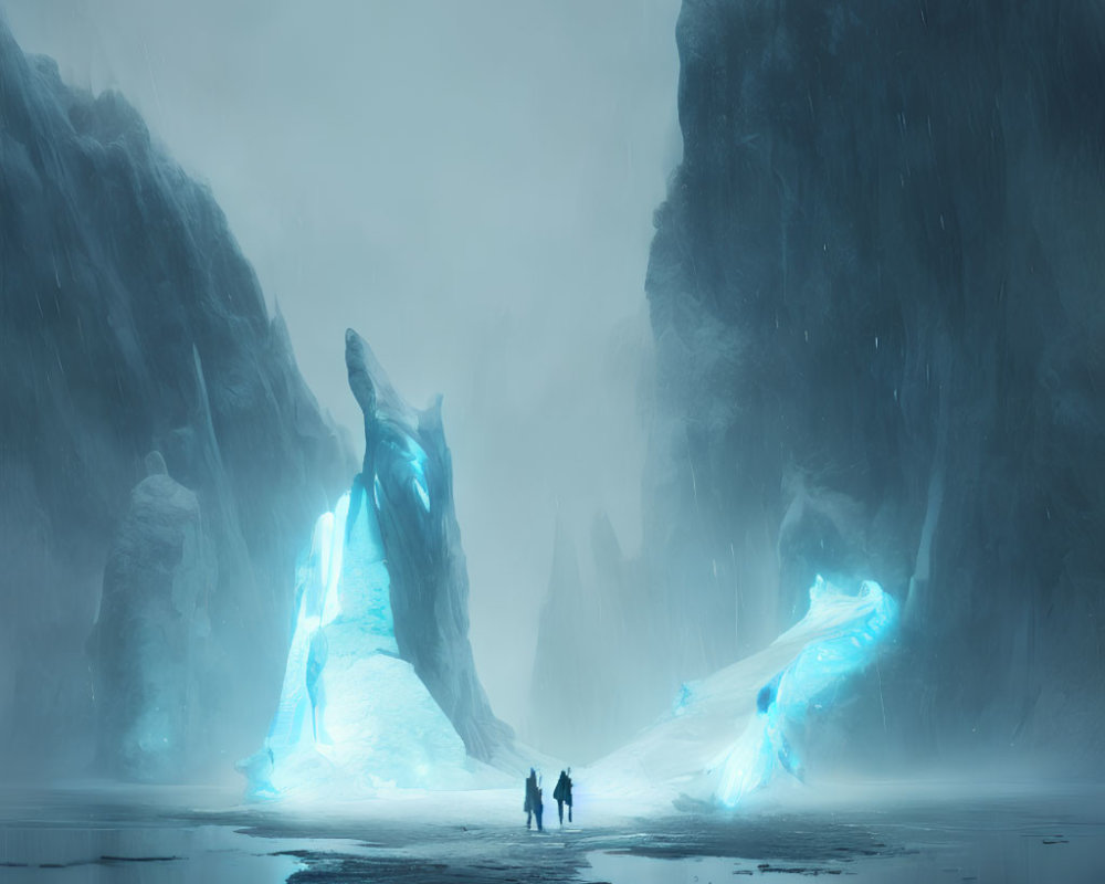 Misty cavern scene with figures and glowing ice formation