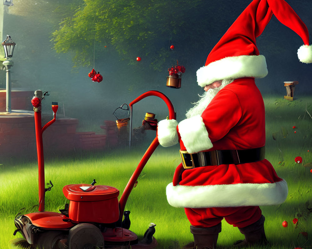 Santa Claus mowing lawn in festive garden scene