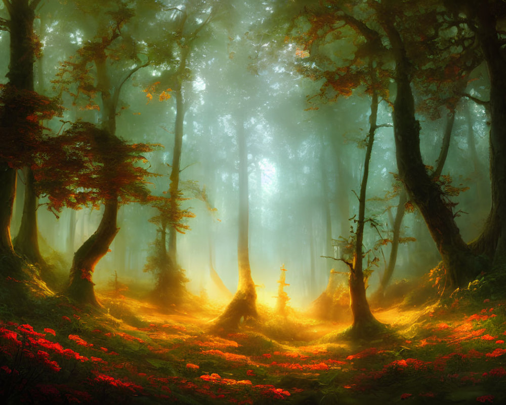 Sunlit Forest with Towering Trees and Red Flowers in Misty Atmosphere