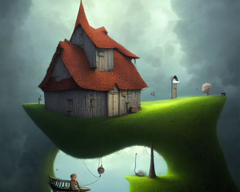 Whimsical floating island with house, swing, sheep, and surreal lighting