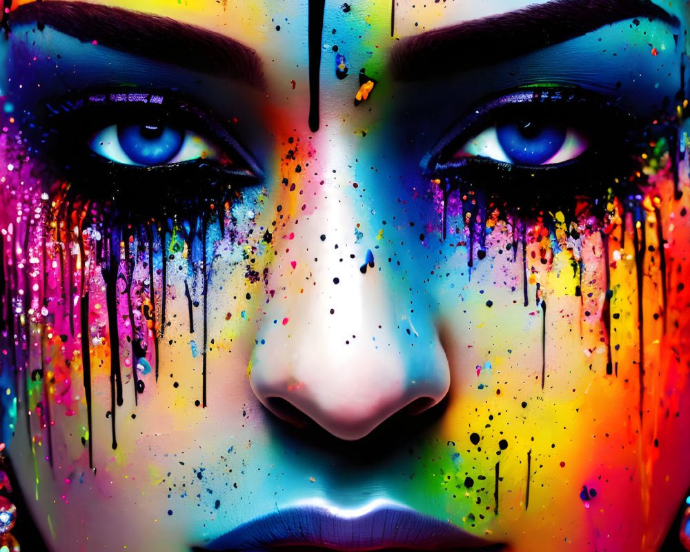 Colorful portrait of woman with blue eyes and dripping paint
