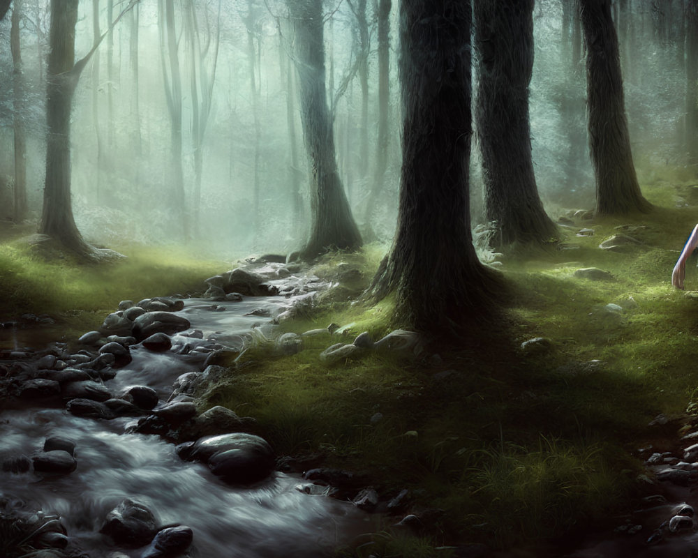 Tranquil forest landscape with flowing stream and misty light
