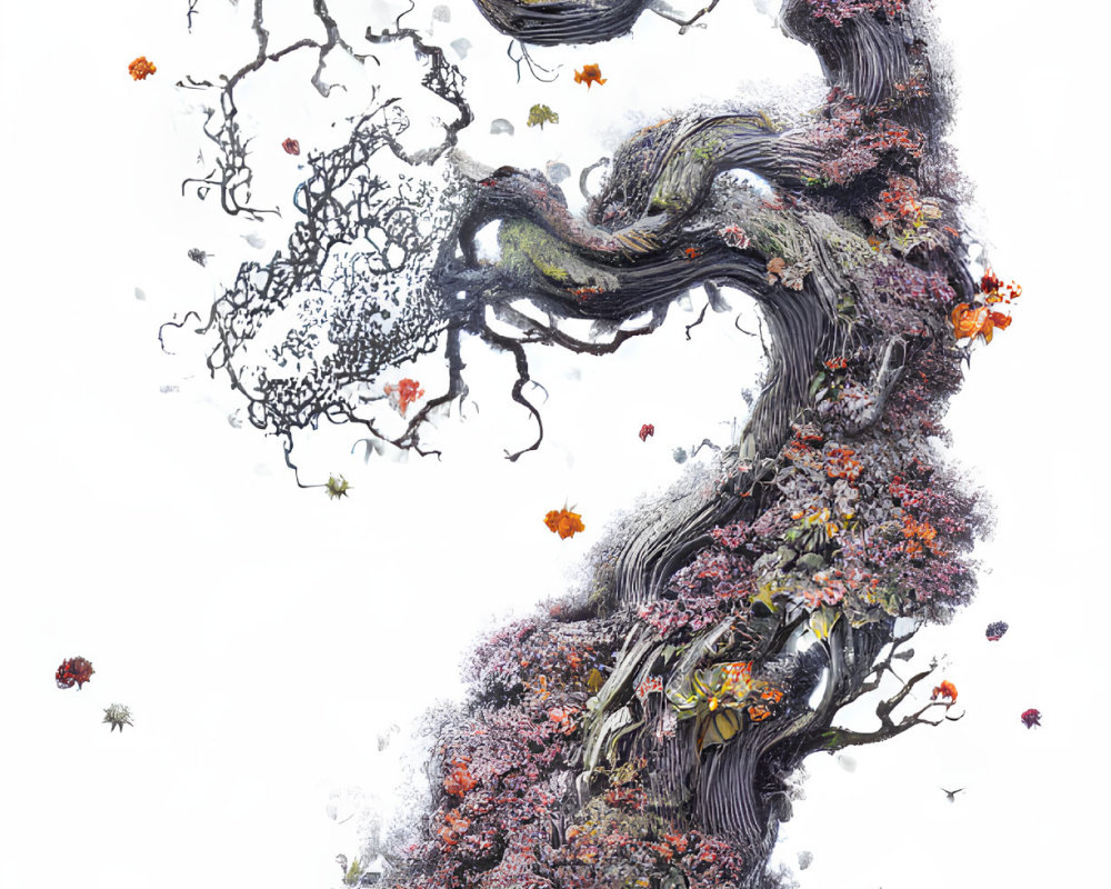 Colorful illustration of intricate twisty tree with vibrant flowers and fauna