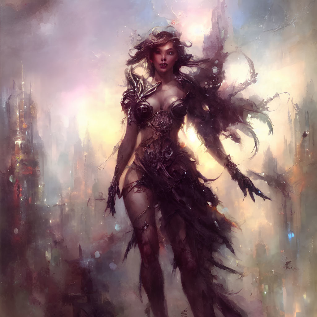 Female warrior with ethereal wings in ornate armor before misty cityscape