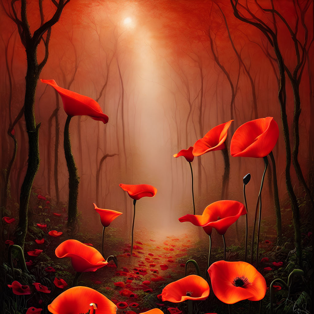 Sunbeam illuminates red poppies in mystical forest