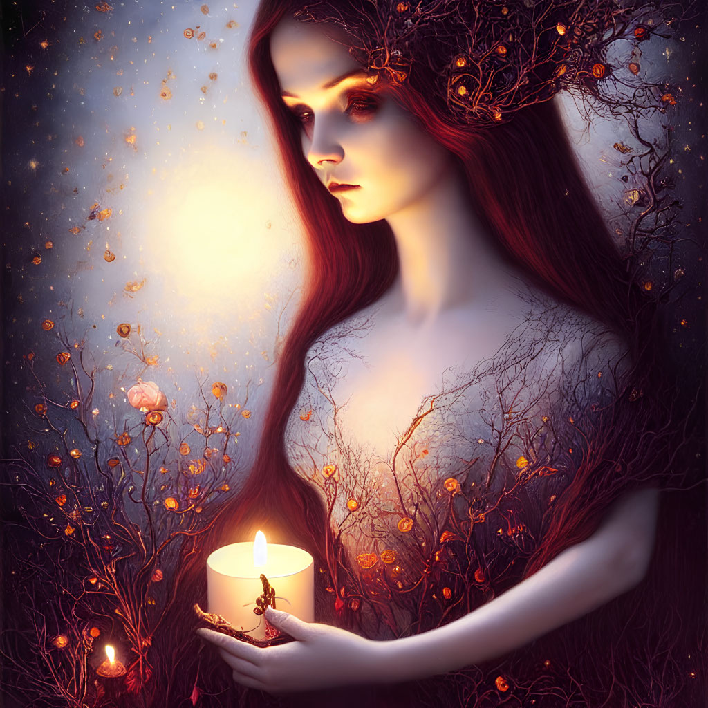 Red-haired woman with candle in mystical setting