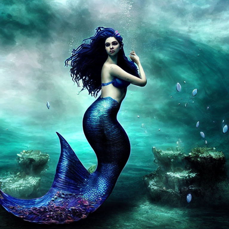 Vibrant blue-tailed mermaid in mystical underwater scene