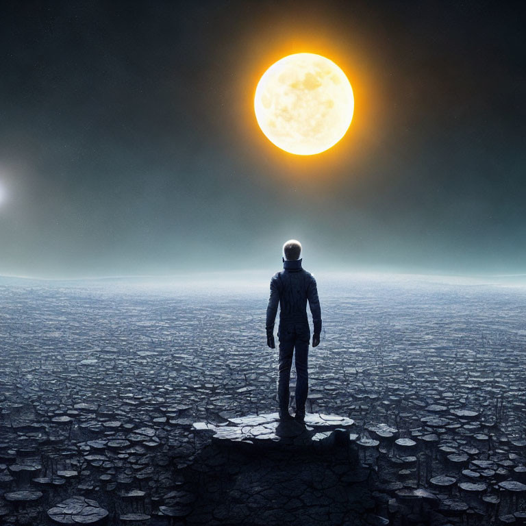 Astronaut on cracked, desolate landscape under large glowing moon