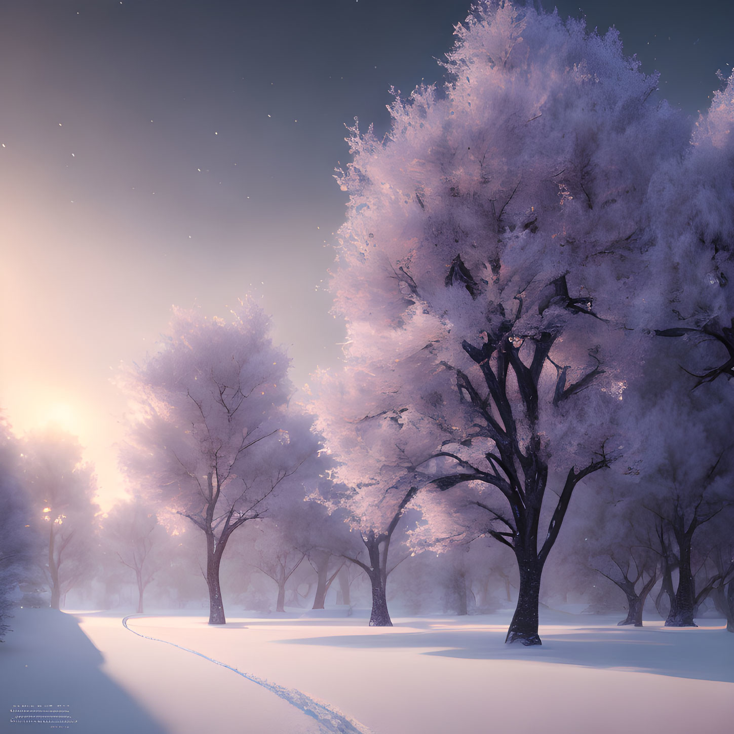 Snowy Dusk Landscape: Frost-Covered Trees & Tranquil Path