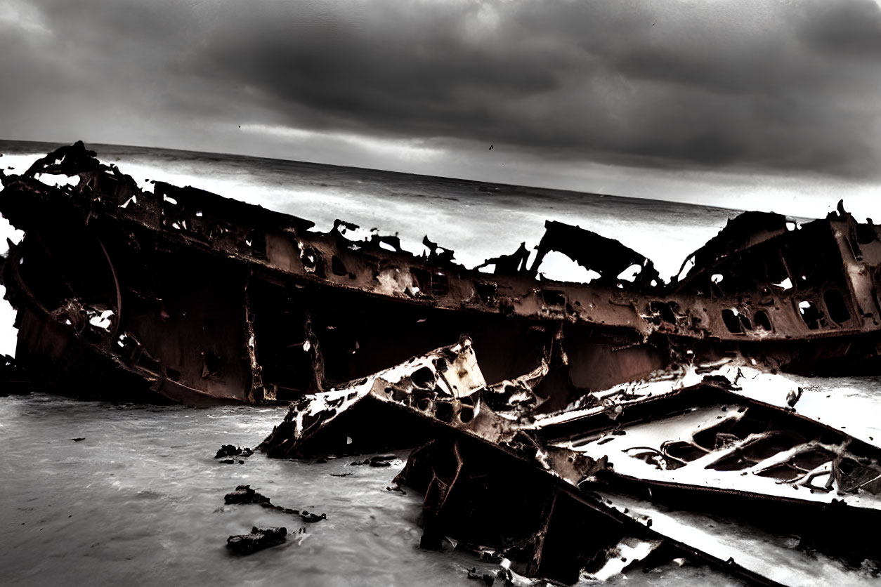 Abandoned shipwreck on gloomy beach with rough sea waves