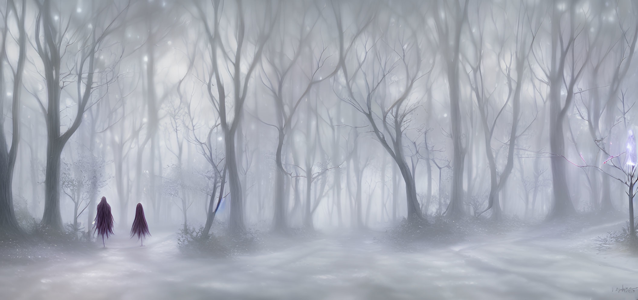 Misty forest with bare trees and cloaked figures walking under glowing light