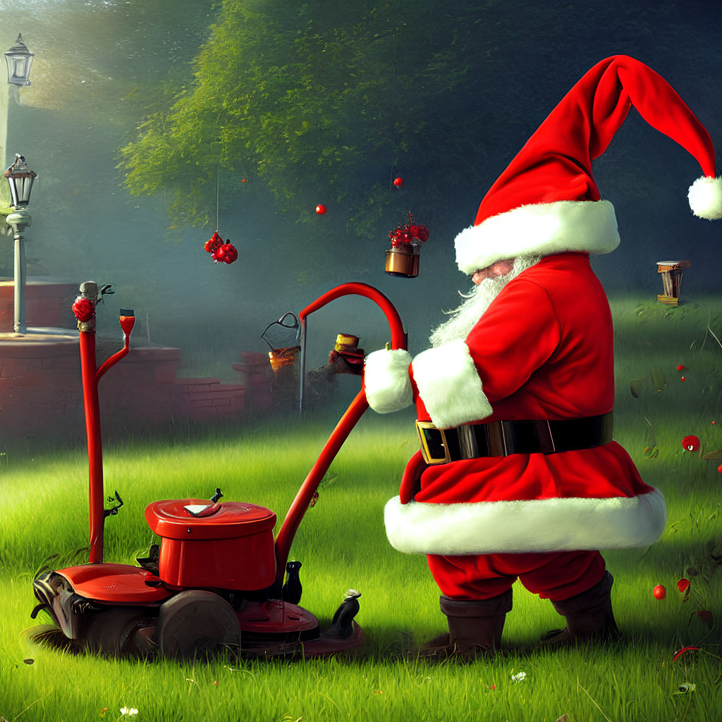 Santa Claus mowing lawn in festive garden scene