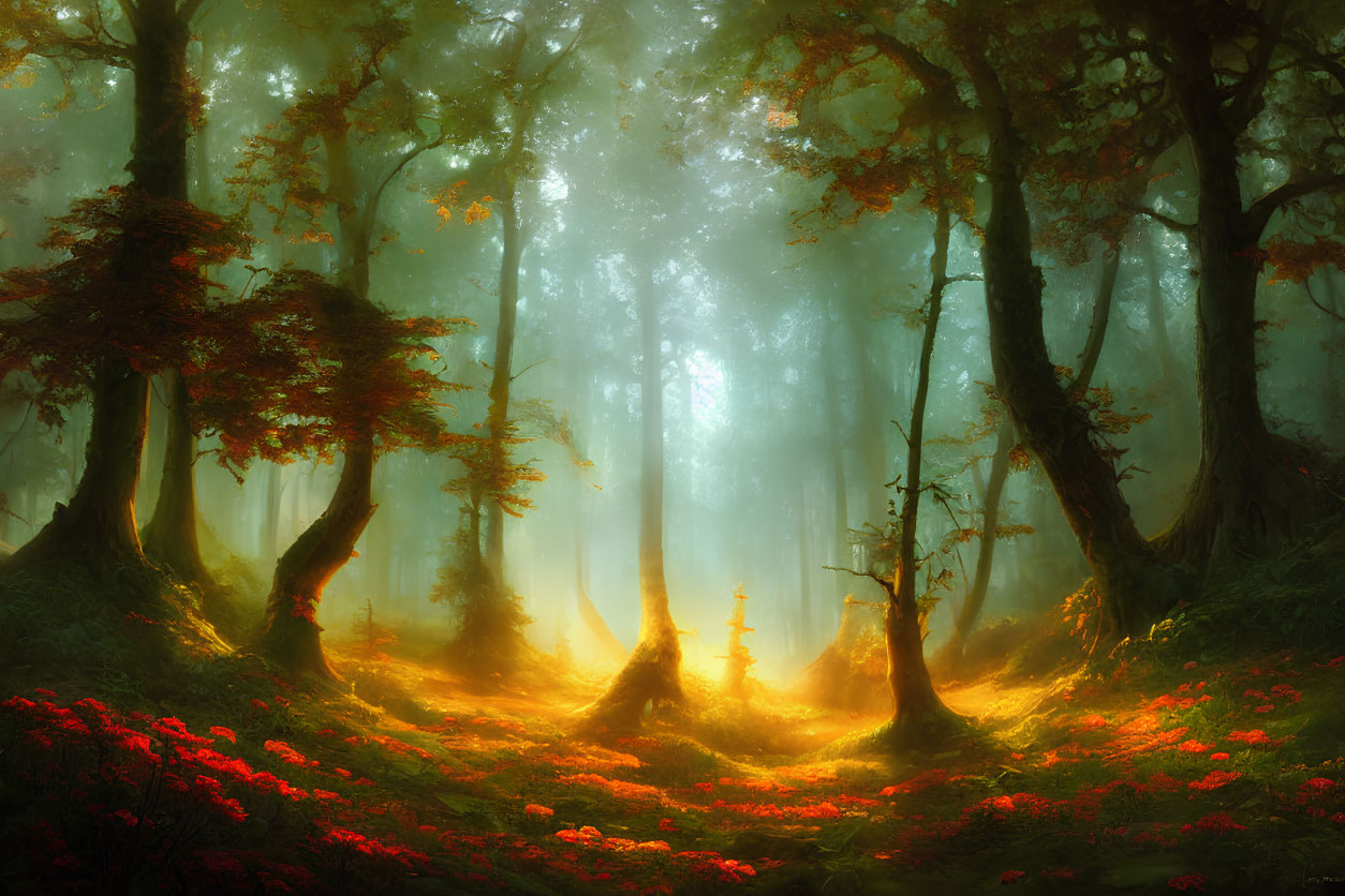 Sunlit Forest with Towering Trees and Red Flowers in Misty Atmosphere