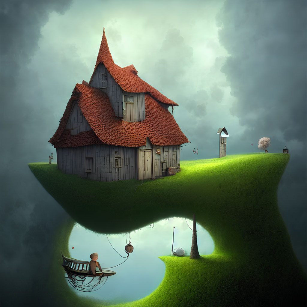 Whimsical floating island with house, swing, sheep, and surreal lighting