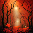 Sunbeam illuminates red poppies in mystical forest