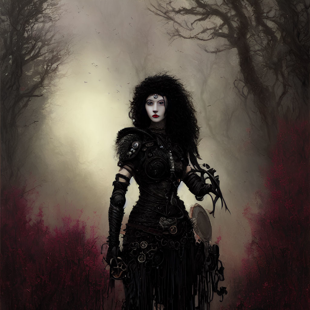 Gothic woman in black armor with dramatic makeup in misty forest