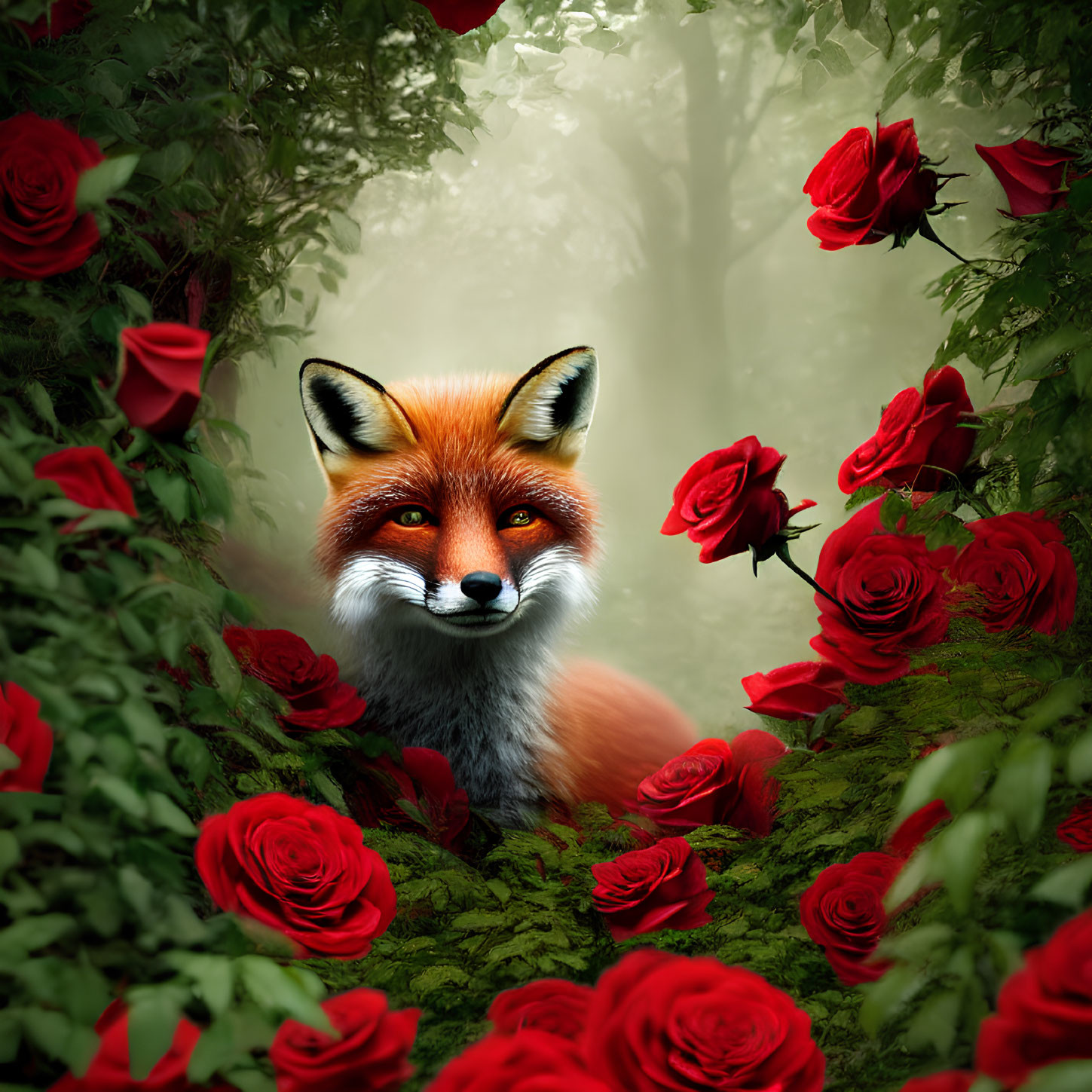 Red Fox in Lush Greenery and Red Roses with Foggy Forest Background