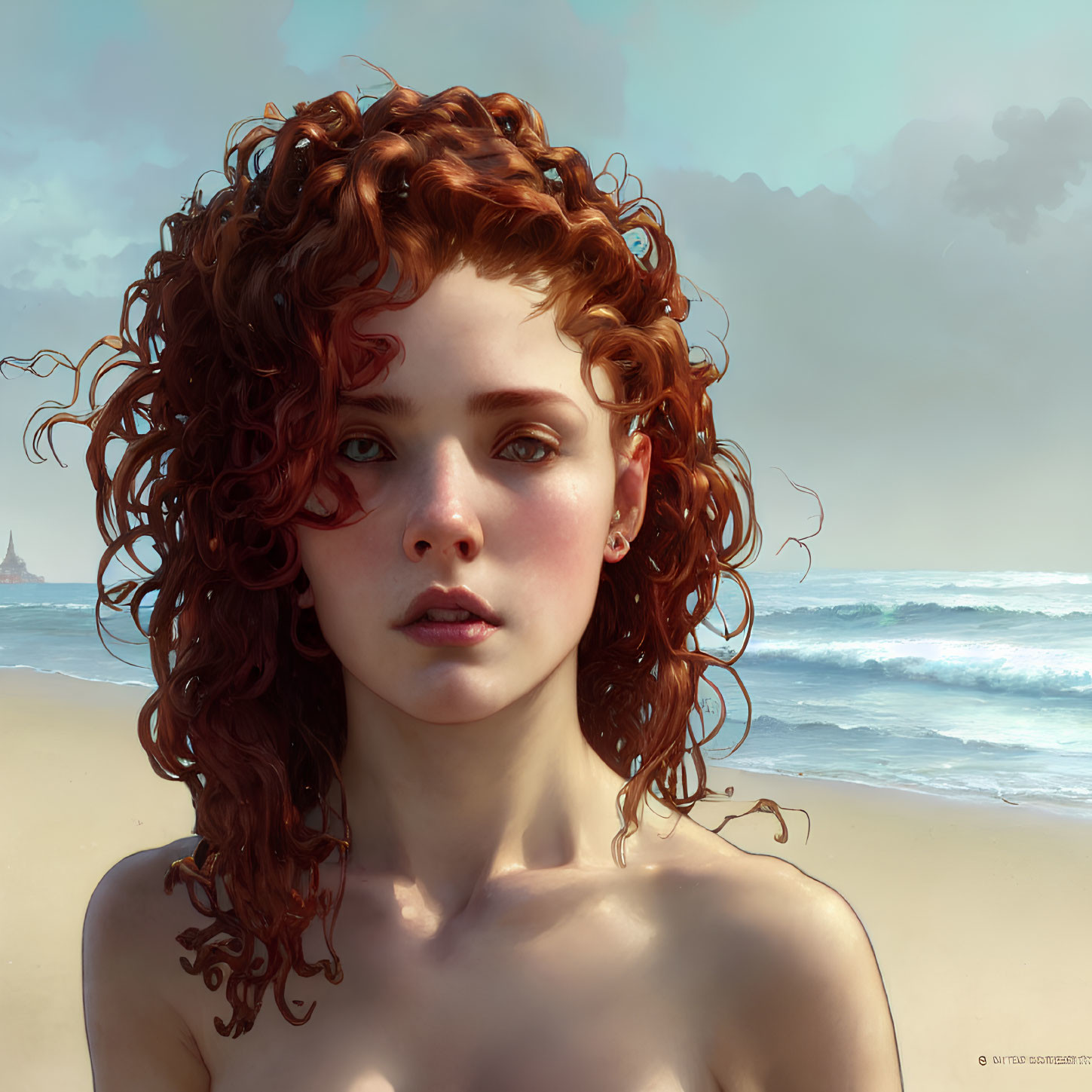 Digital portrait: Woman with curly red hair, fair skin, contemplative expression on beach with waves and