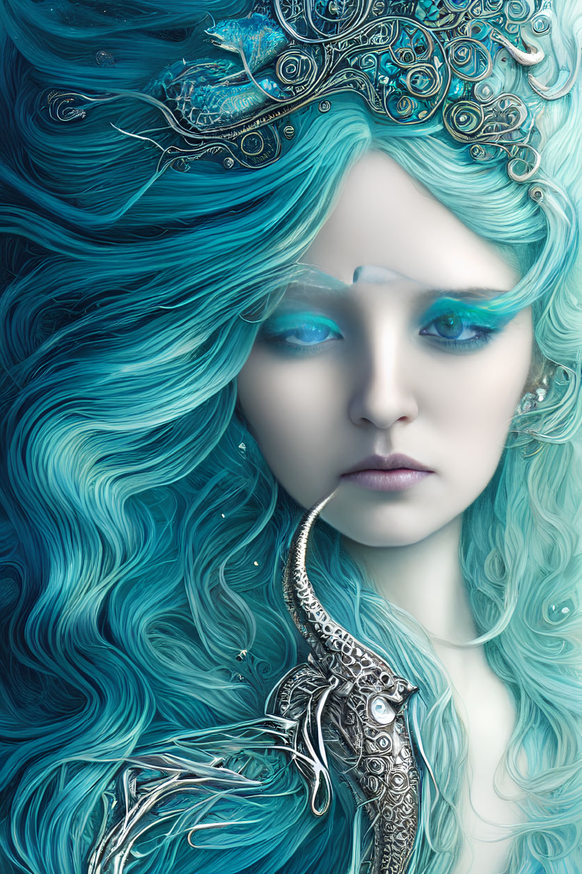 Mystical Woman with Turquoise Hair and Ornate Headdress