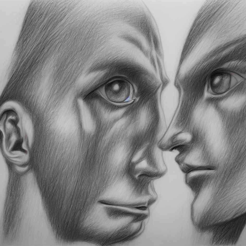 Detailed pencil sketch of two human faces in profile, close together with expressive eyes