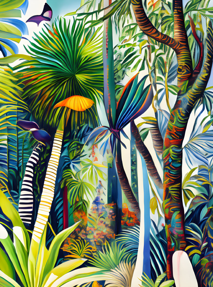 Colorful Tropical Rainforest Illustration with Butterfly