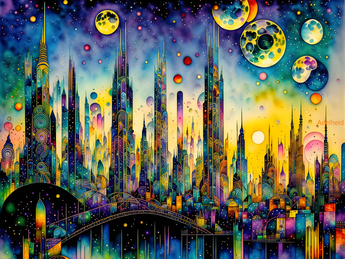 Colorful skyscrapers in vibrant fantasy cityscape