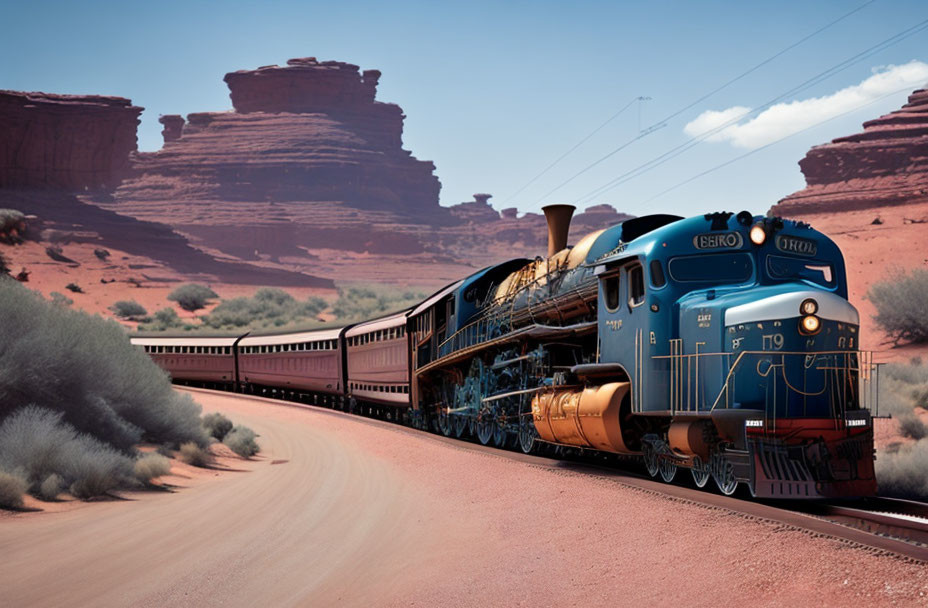 Vintage Blue and Yellow Locomotive in Desert Landscape with Red Rock Formations