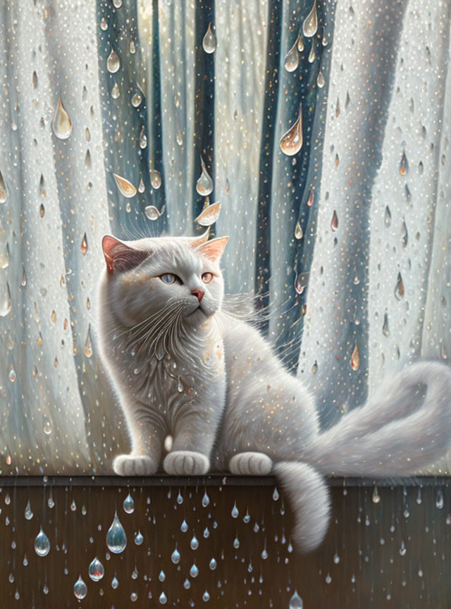 White Cat with Grey Markings Watching Raindrops from Ledge