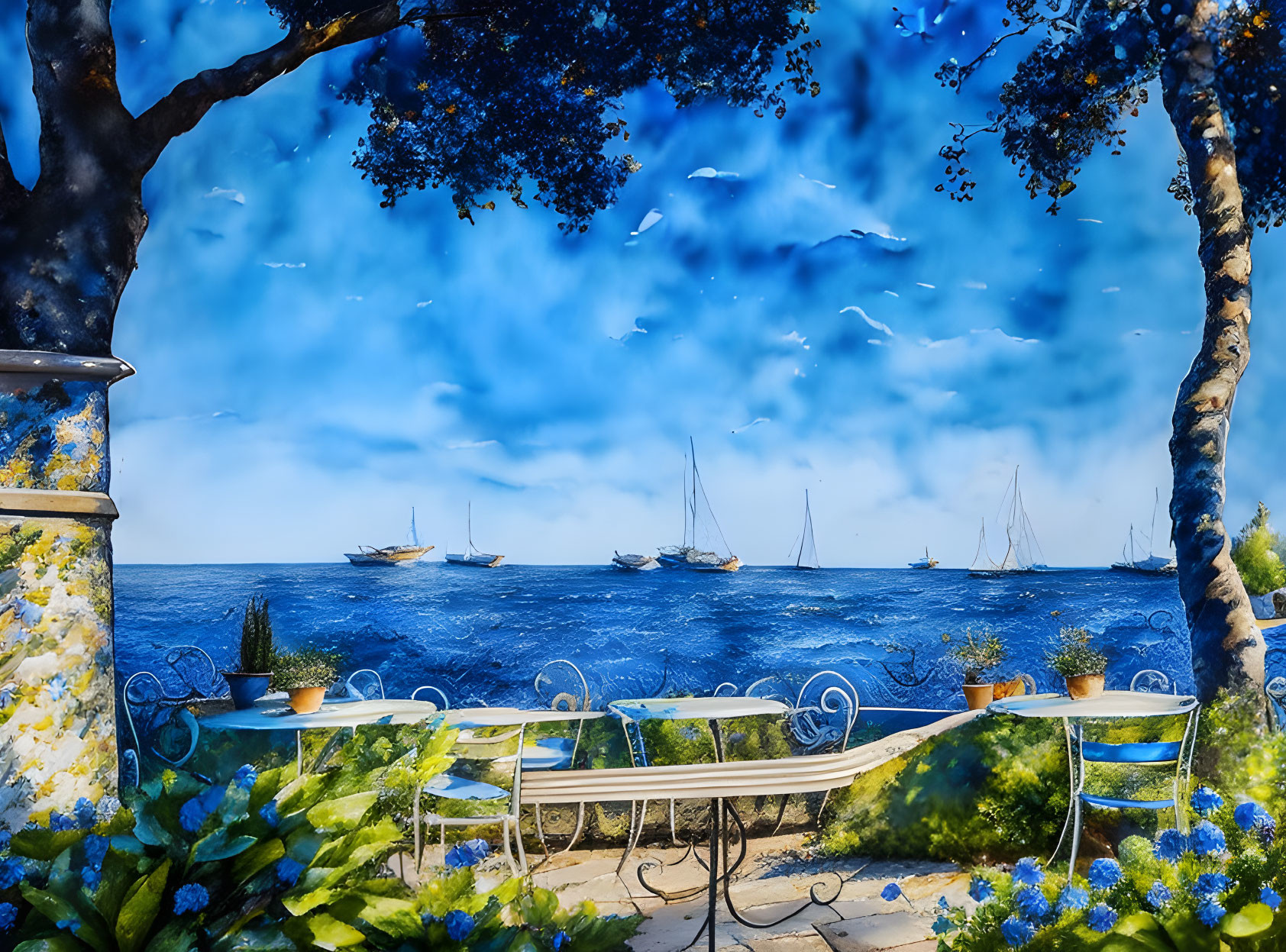 Seaside view with patio tables, sailing boats, and sunny sky