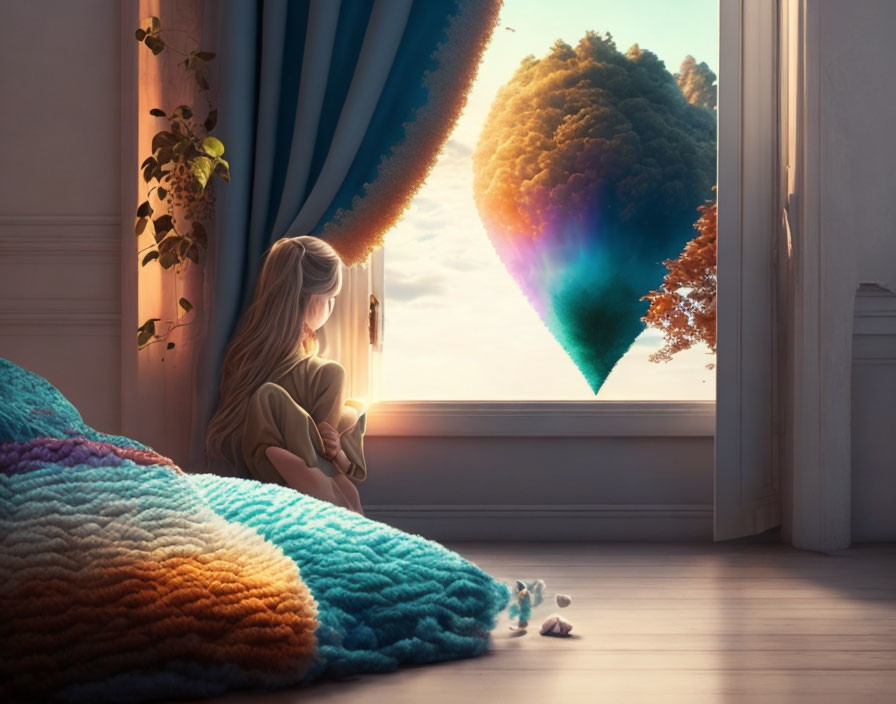 Girl admires floating island with rainbow from cozy window seat