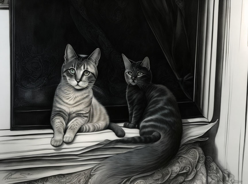 Monochrome illustration of two cats on windowsill