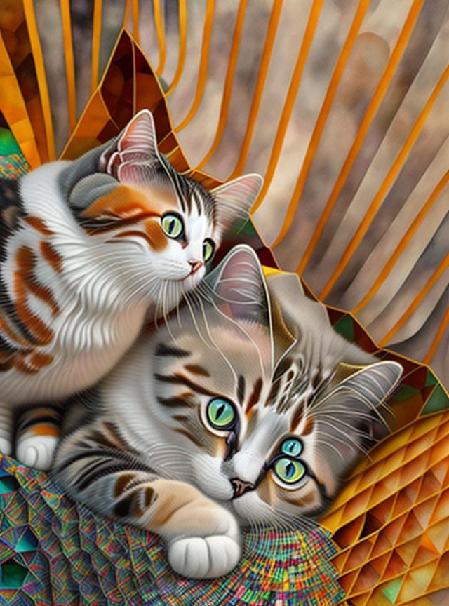 Illustrated kittens with large eyes on colorful quilt and abstract patterns