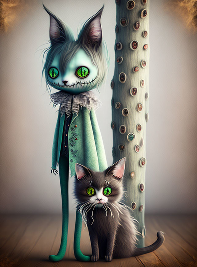 Whimsical cartoon cats with vivid green eyes against patterned backdrop