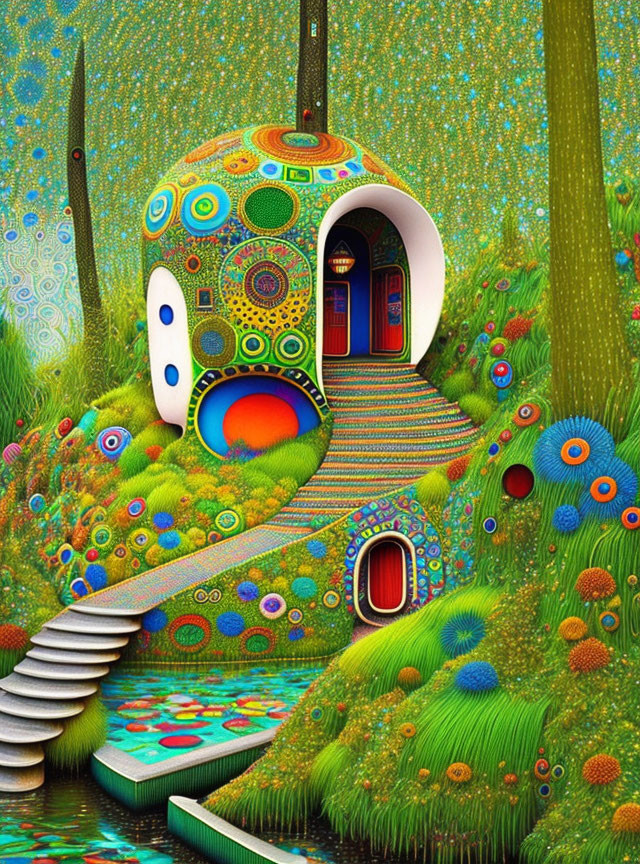 Colorful Mushroom House in Vibrant Whimsical Landscape