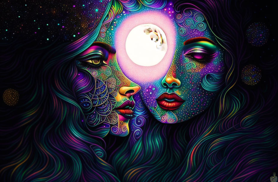 Symmetrical female faces with cosmic and mandala motifs against a starry backdrop