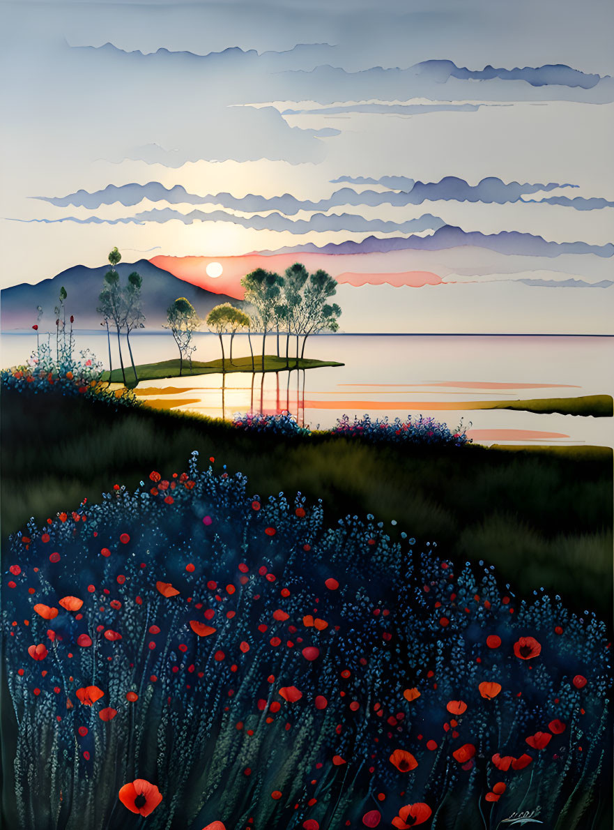 Tranquil sunrise landscape with poppies, lake, mountains, and clouds