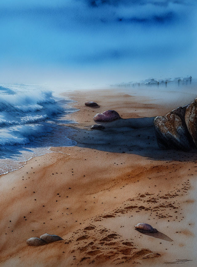 Tranquil beach scene with rolling waves and misty pier