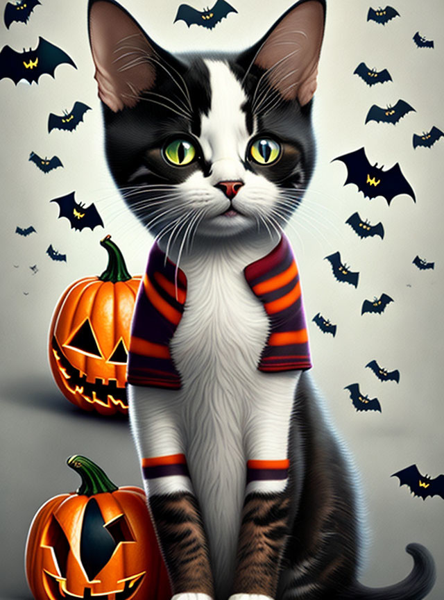 Black and white cat with striped scarf in Halloween scene