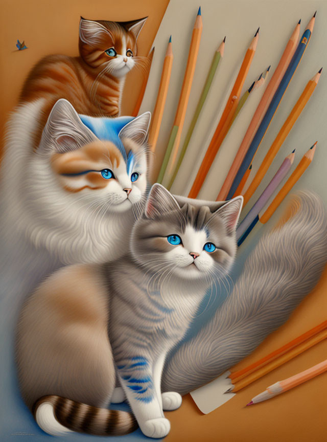 Illustrated cats with blue eyes among scattered colored pencils