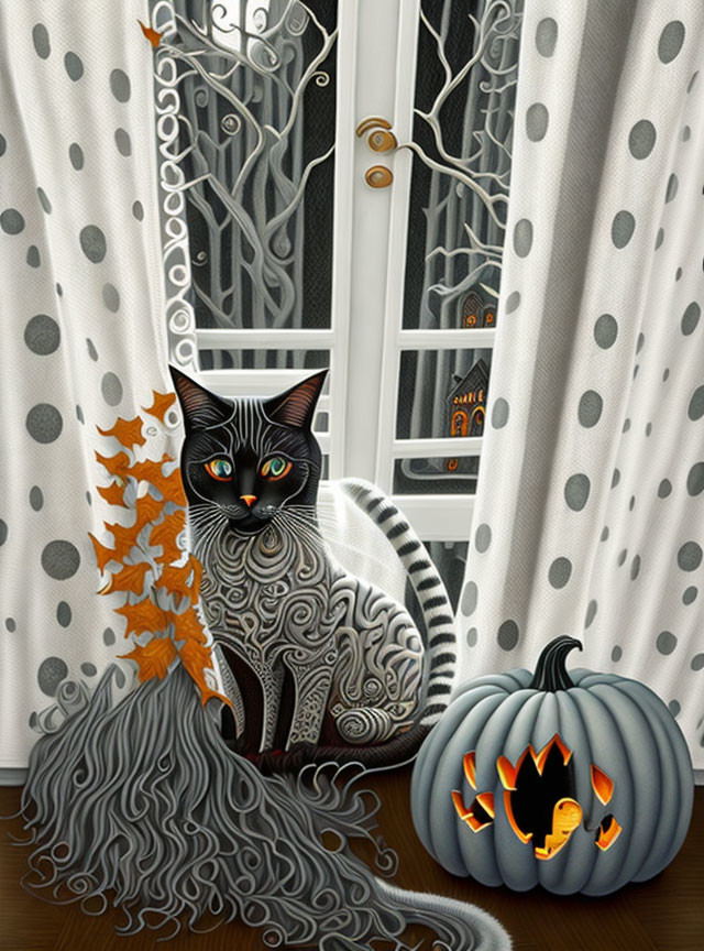 Patterned Cat Sitting Beside Carved Pumpkin with Fiery Glow and Autumnal Decor