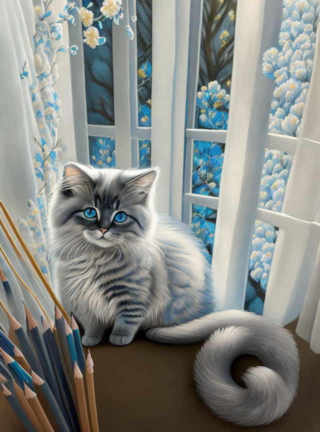 Fluffy grey cat with blue eyes on window sill among blue flowers