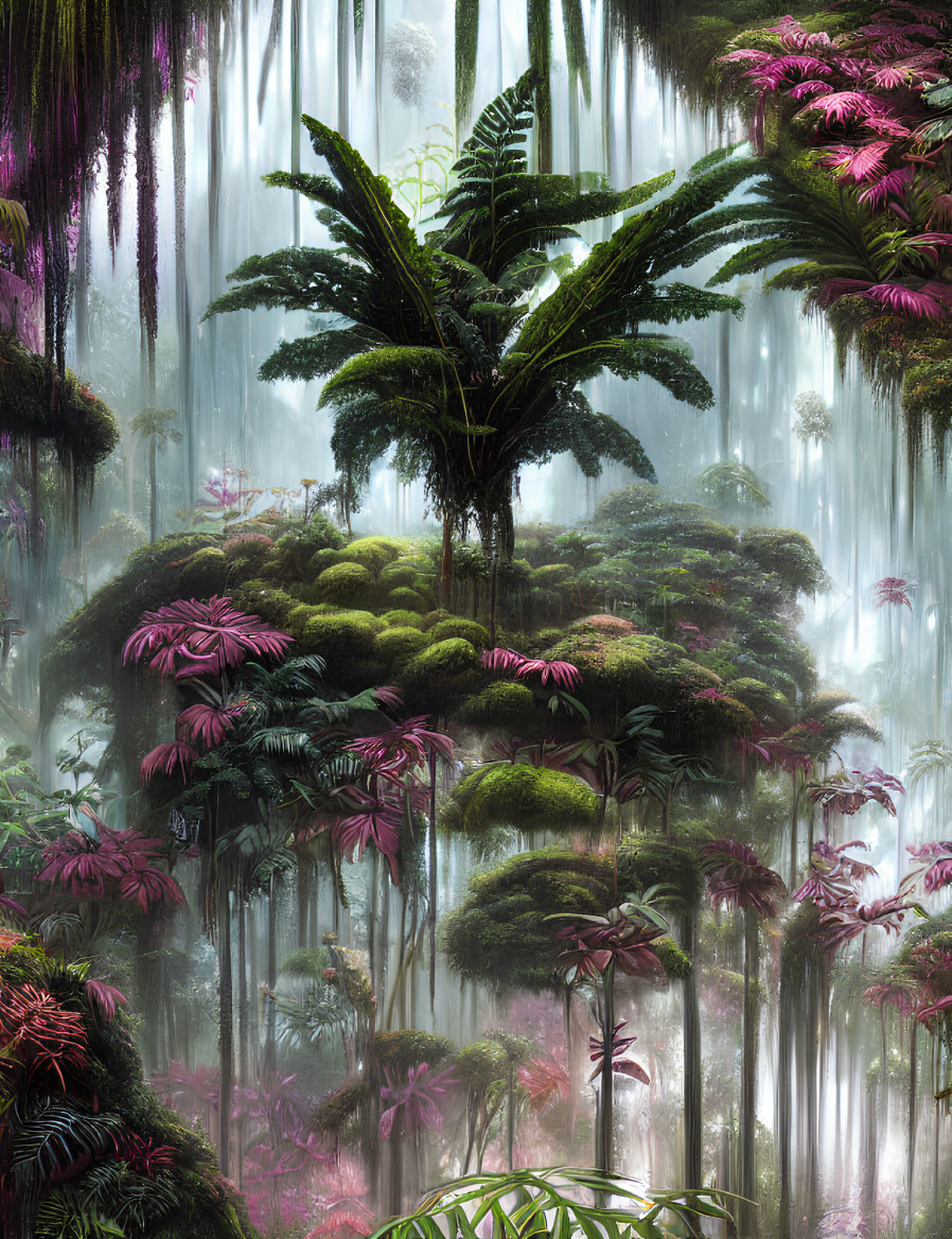 Lush Forest Scene with Fern, Pink Foliage, and Vines in Misty Atmosphere