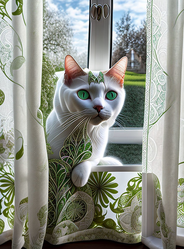 White Cat with Green Eyes and Leaf Patterns Sitting by Window