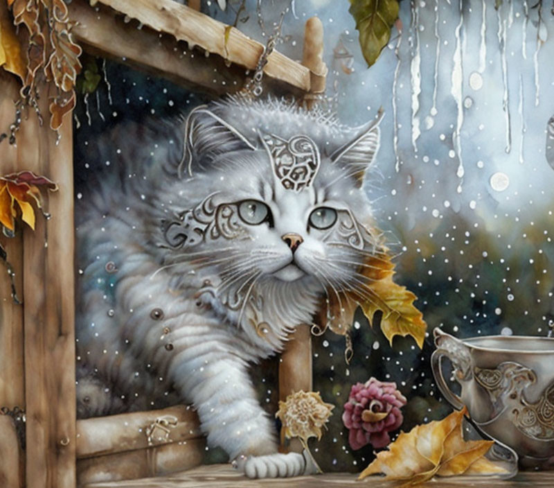 Whimsical painting of white cat sheltering from rain with teacup and pink flower