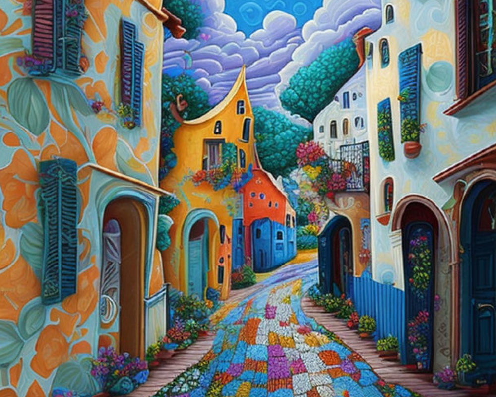 Colorful Cobblestone Street Painting with Stylized Houses and Flowers